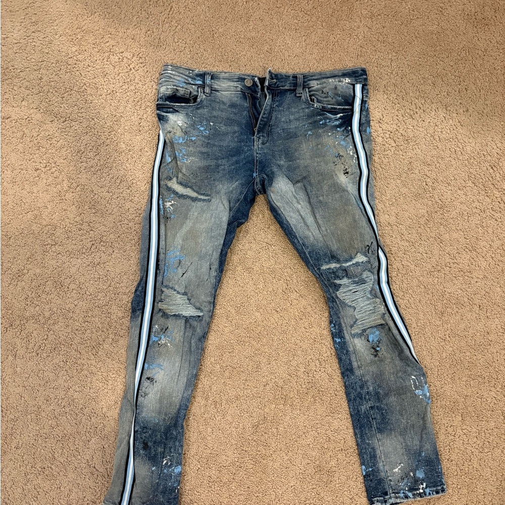 Men's Distressed Blue Jeans with Side Stripes